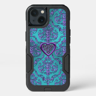 Celtic Heart Knot on  Turquoise Purple Damask iPhone 13 Case