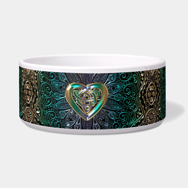Celtic Heart Mandala In Green and Gold Original Bowl (Front)