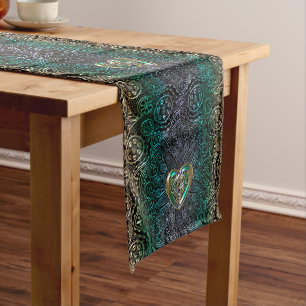 Celtic Heart Mandala In Green and Gold Original Long Table Runner