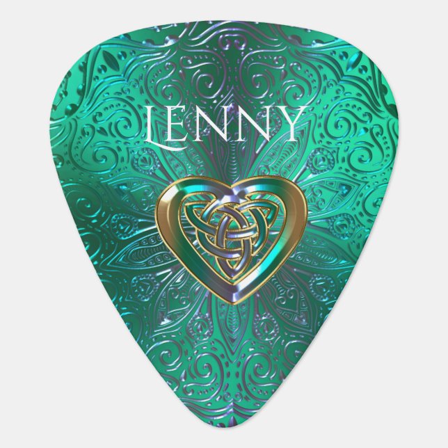 Celtic Heart Mandala In Green Gold Guitar Pick (Front)