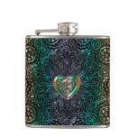 Celtic Heart Mandala In Green Gold Hip Flask