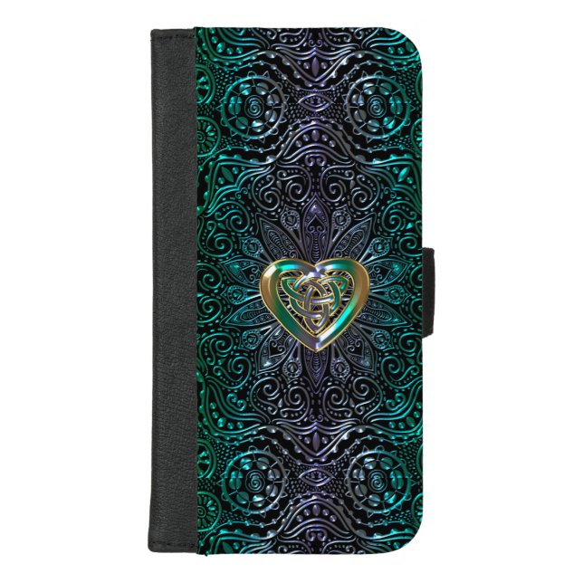 Celtic Heart Mandala In Green Gold iPhone Wallet Case (Front)
