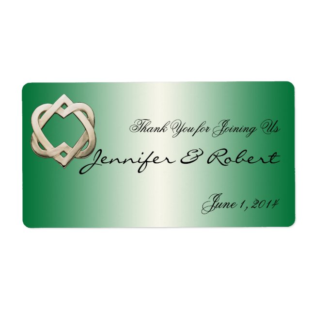 Celtic Hearts on Green Gradient Water Bottle Label (Front)