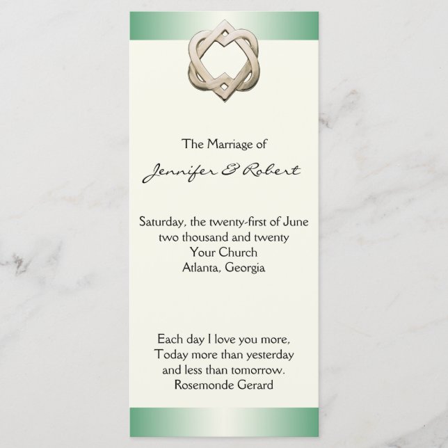 Celtic Hearts on Green Gradient Wedding Program (Front)