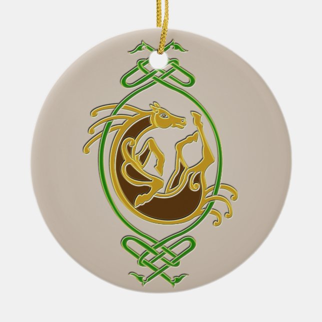 Celtic Horse Knotwork - Green & Gold Ceramic Ornament (Front)