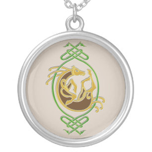 Celtic Horse Knotwork - Green & Gold Silver Plated Necklace