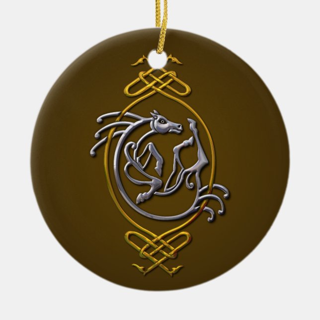 Celtic Horse Knotwork - Silver & Gold Ceramic Ornament (Front)