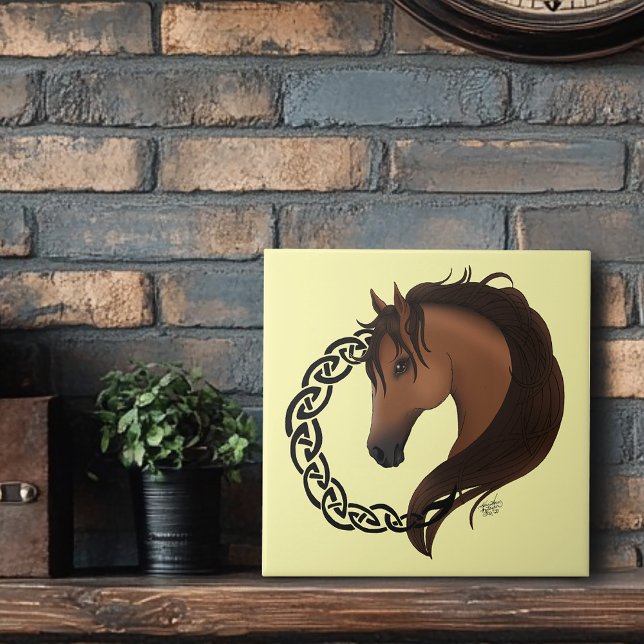 Celtic Horse Yellow Knotwork Circle Mythic Equine Ceramic Tile (Creator Uploaded)