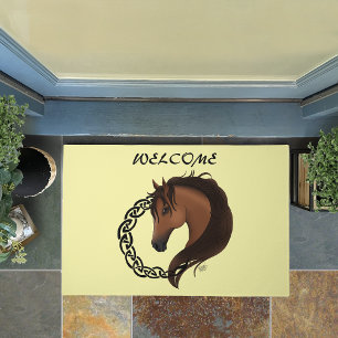 Celtic Horse Yellow Knotwork Circle Mythic Equine Doormat