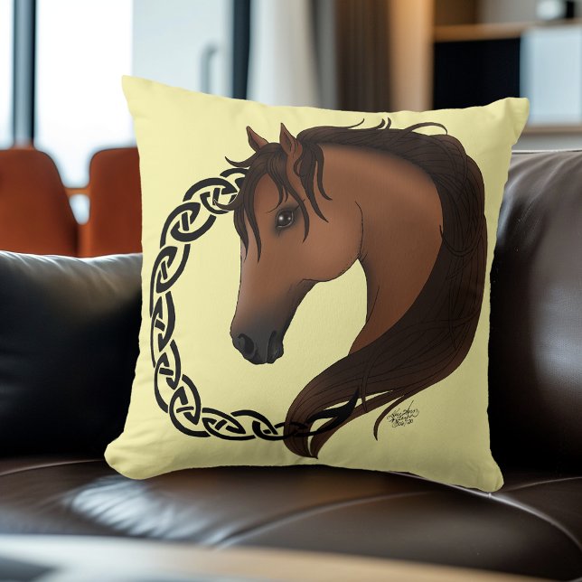 Celtic Horse Yellow Knotwork Circle Mythic Equine Throw Pillow (Creator Uploaded)