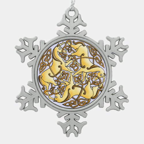 Celtic horses and knots in circle antique pattern snowflake pewter christmas ornament