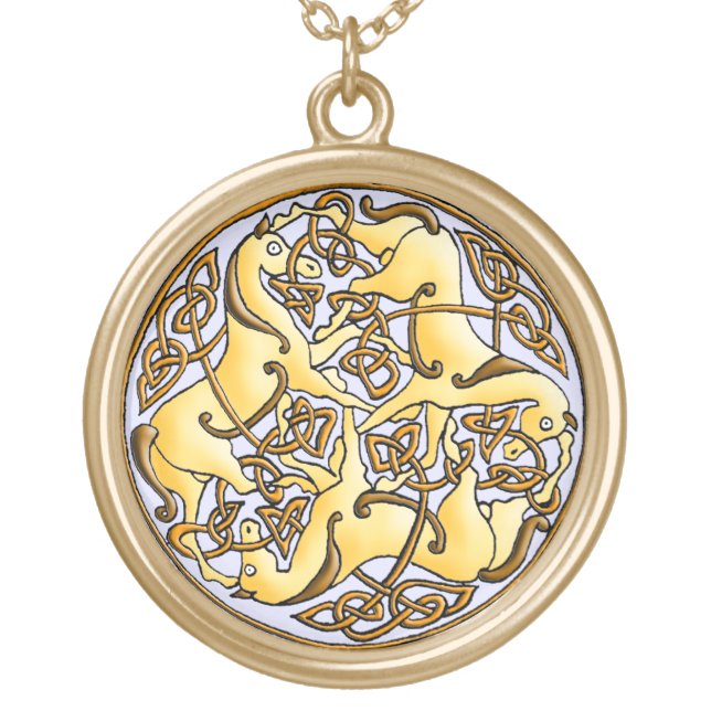 Celtic horses and knots in circle gold plated necklace (Front)