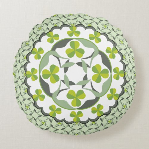 Celtic Inspired Shamrock Green Clover Pattern Round Pillow