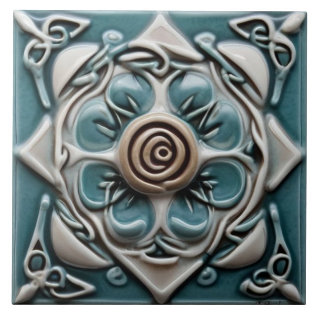 Celtic Inspired Teal Green and White Rose Flower Ceramic Tile (Front)