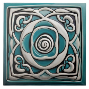 Celtic Inspired Turquoise and White Rose Flower Ceramic Tile