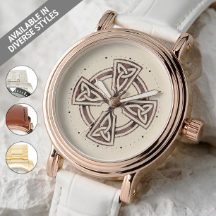 Celtic Irish Christian Cross Triquetra Knots Beige Watch
