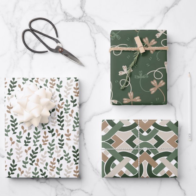 Celtic IRISH leaves and knot green brown beige  Wrapping Paper Sheets (Front)