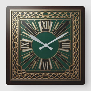 Celtic Knot Art Deco Luxury Green and Gold Roman Square Wall Clock