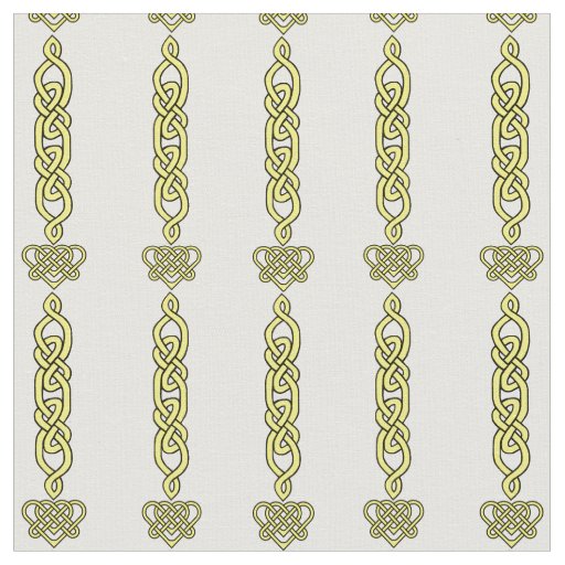Celtic knot, braid, heart gold stripe on white fabric