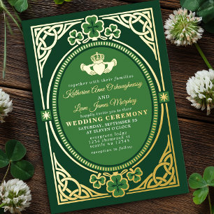 Celtic Knot Claddagh Shamrock Wedding Green  Foil Invitation
