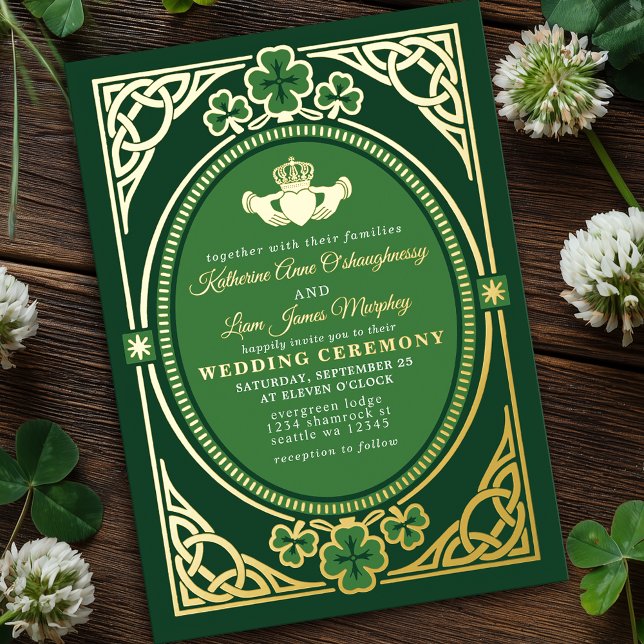 Celtic Knot Claddagh Shamrock Wedding Green  Foil Invitation (Creator Uploaded)