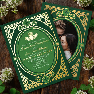 Celtic Knot Claddagh Shamrock Wedding Green Photo Foil Invitation