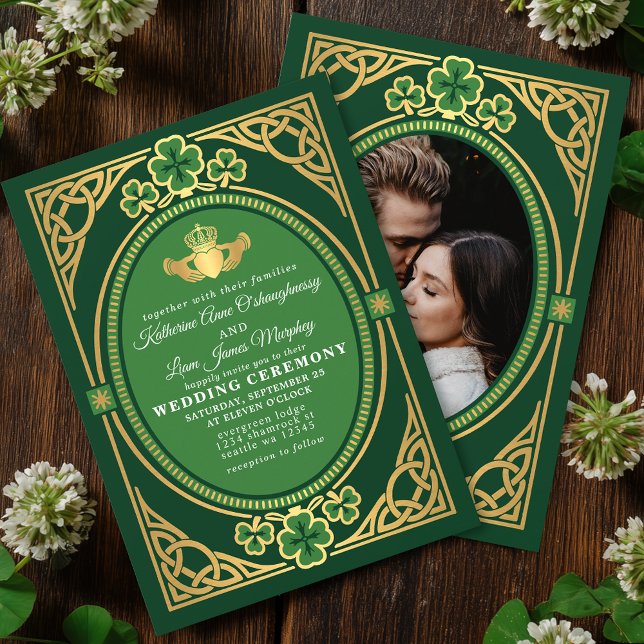 Celtic Knot Claddagh Shamrock Wedding Green Photo Invitation (Creator Uploaded)