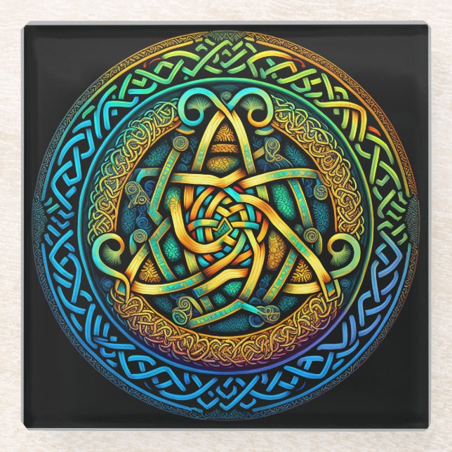 Celtic Knot Colorful Knotwork Glass Coaster (Front)