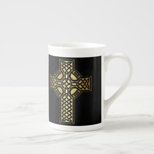 Celtic Knot Cross in Gold and Black Bone China Mug