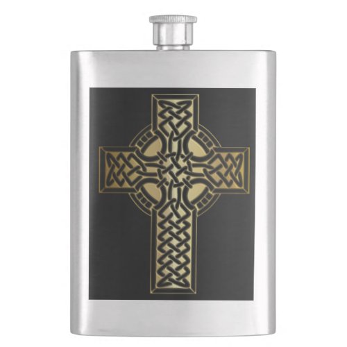 Celtic Knot Cross in Gold and Black Flask