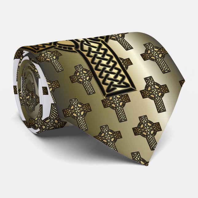 Celtic Knot Cross in Gold and Black Neck Tie (Rolled)