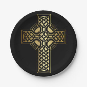 Celtic Knot Cross in Gold and Black Paper Plates