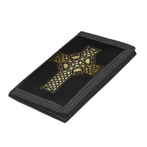 Celtic Knot Cross in Gold and Black Tri-fold Wallet