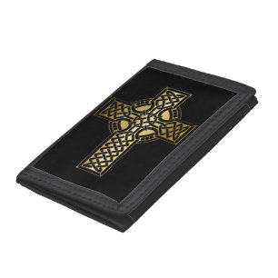 Celtic Knot Cross in Gold and Black Tri-fold Wallet