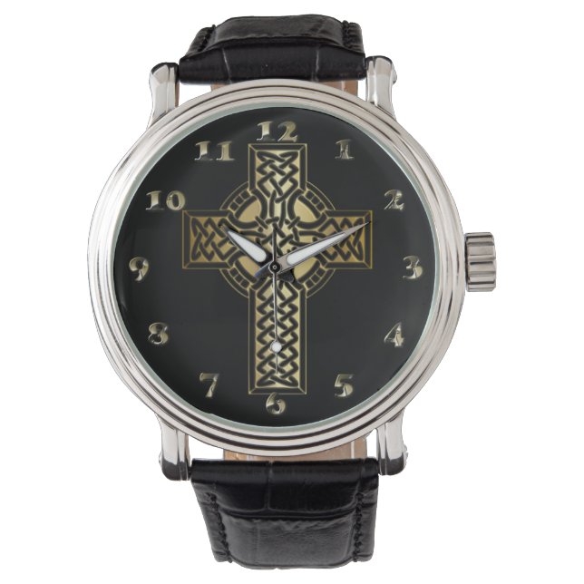 Celtic Knot Cross in Gold and Black Watch (Front)