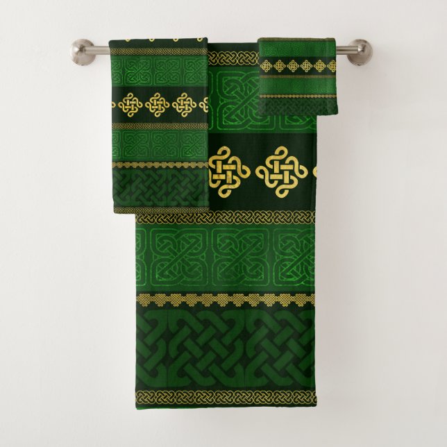 Celtic Knot Decorative Gold and Green pattern Bath Towel Set (Insitu)