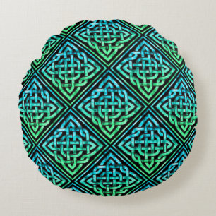 Celtic Knot - Diamond Blue Green Round Pillow