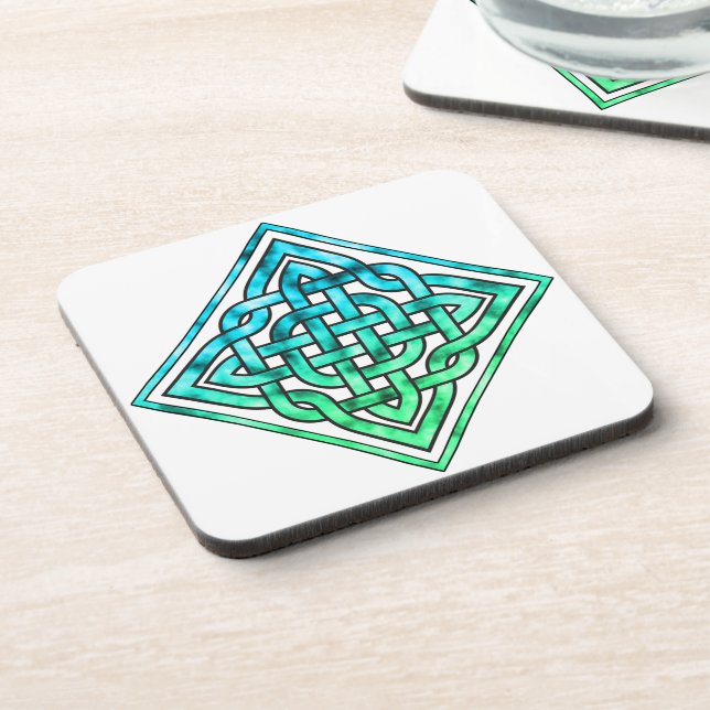 Celtic Knot - Diamond Blue Green White Beverage Coaster (Left Side)