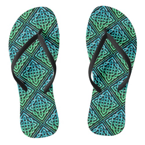 Celtic Knot _ Diamond Tile Blue Green Flip Flops