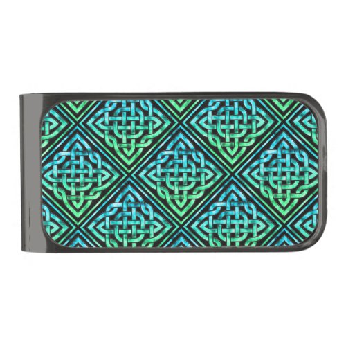 Celtic Knot _ Diamond Tile Blue Green Gunmetal Finish Money Clip