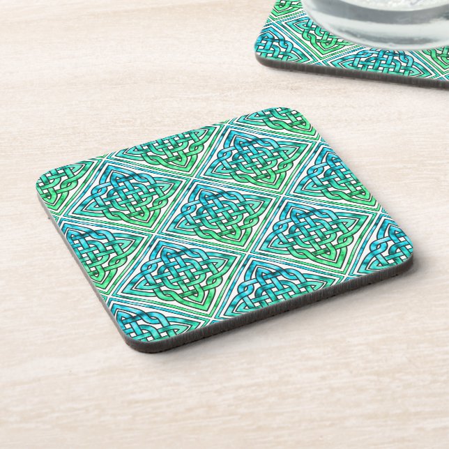 Celtic Knot - Diamond Tile Blue Green White Beverage Coaster (Left Side)