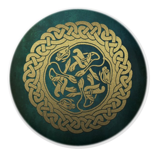 Celtic Knot Dogs Dark Washed Green Ceramic Knob (Front)