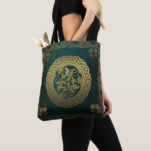 Celtic Knot Dogs Dark Washed Green Gold Tote Bag