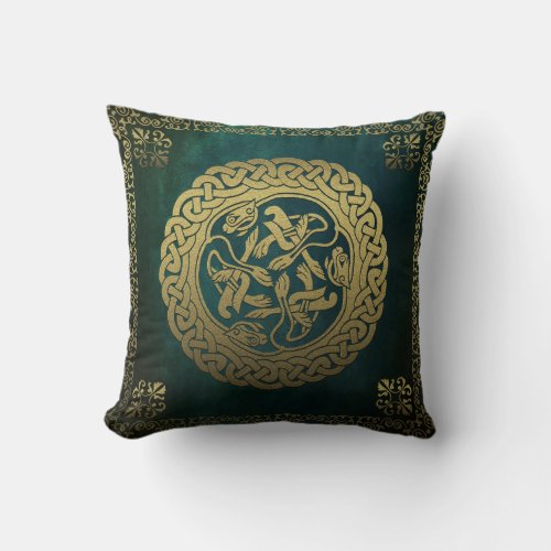 Celtic Knot Dogs Dark Washed Green Throw Pillow