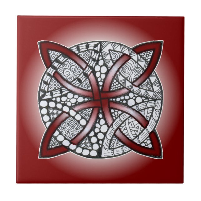 Celtic Knot Doodle Maroon Red Ceramic Tile (Front)