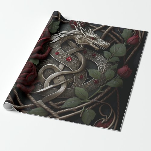 Celtic Knot Dragon Goth Red Roses Wrapping Paper