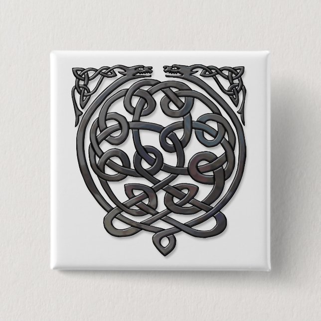 Celtic Knot Dragons – Black Chrome Pinback Button (Front)