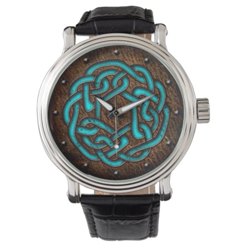 Celtic knot enameled blue on leather digital art watch