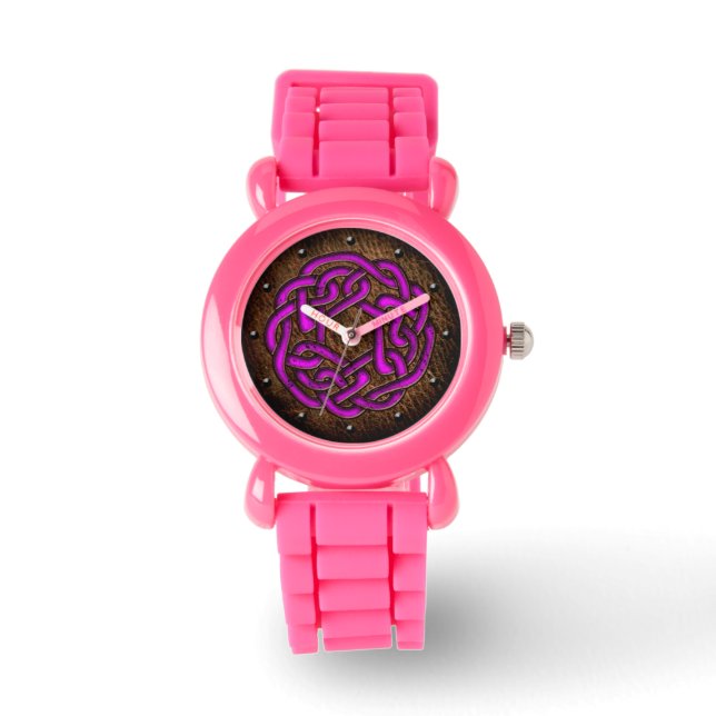 Celtic knot enameled purple on leather digital art watch (Front)