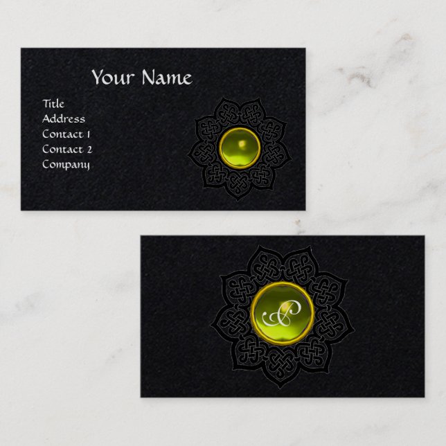 CELTIC KNOT FLOWER YELLOW GEMSTONE MONOGRAM Black Business Card (Front/Back)